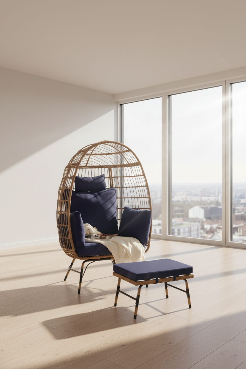 Wicker egg-shaped chair with navy cushions and a matching ottoman on a white background