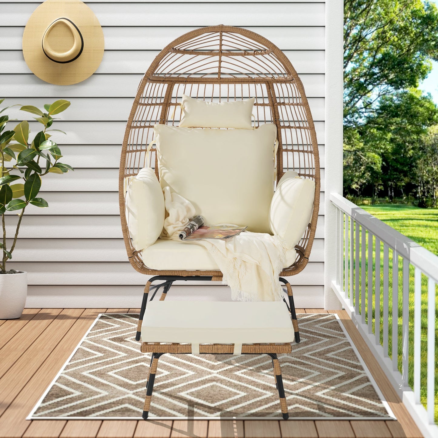 Cozara Oversized Wicker Egg Chair with Ottoman – Cozy Lounge Set