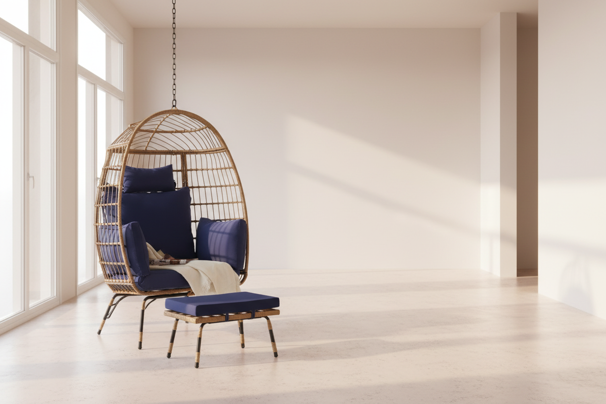 Cozara Oversized Wicker Egg Chair with Ottoman – Cozy Lounge Set