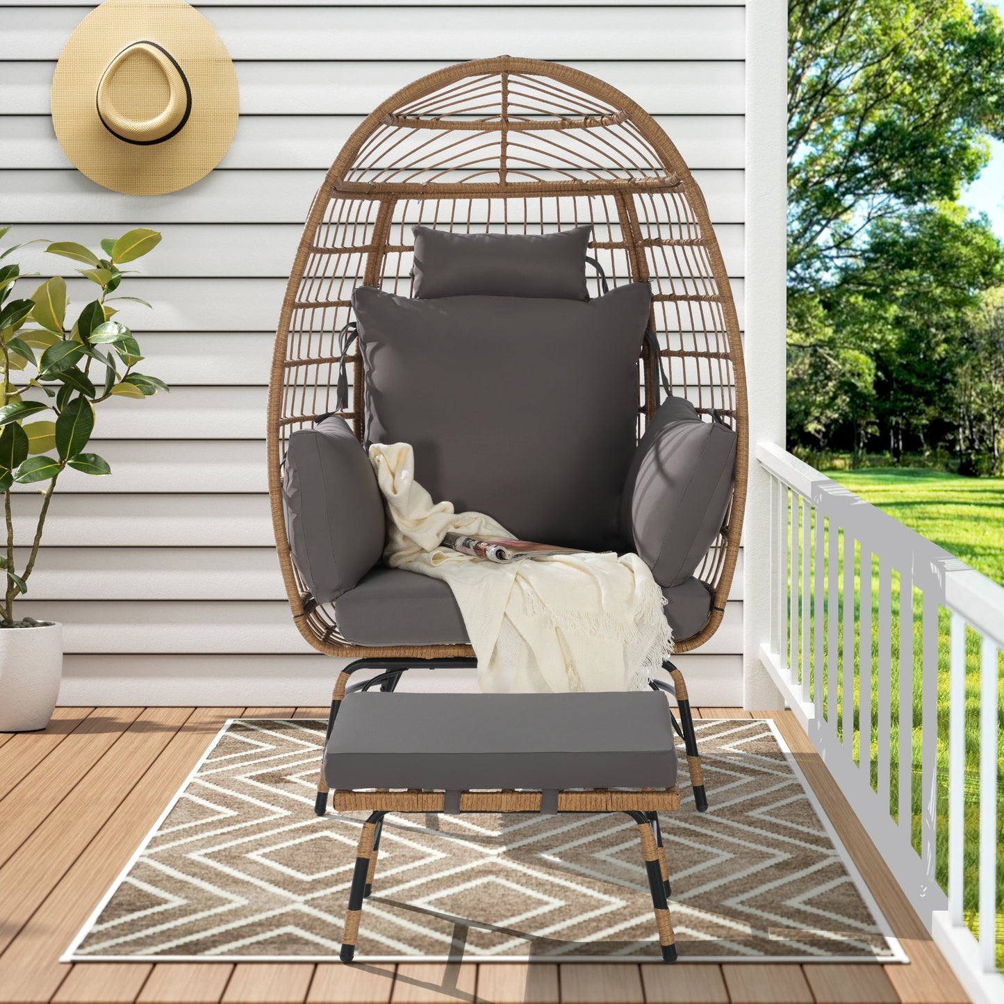 Cozara Oversized Wicker Egg Chair with Ottoman – Cozy Lounge Set